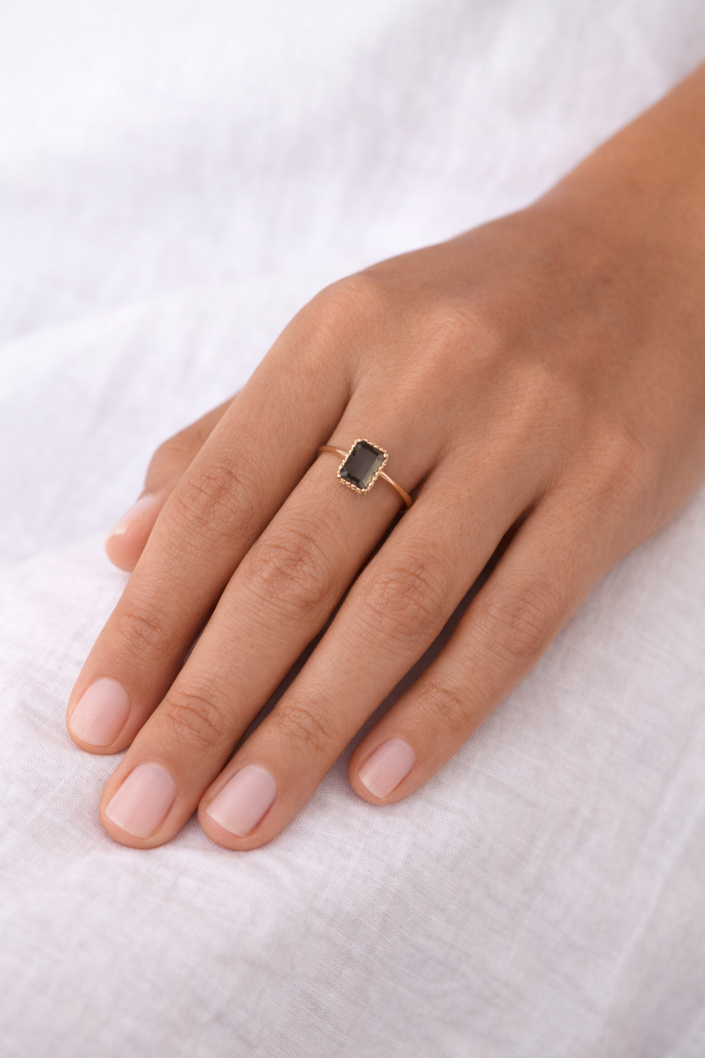 Solid 14k Baguette Gemstone Ring, Minimalist Gold Birthstone Ring