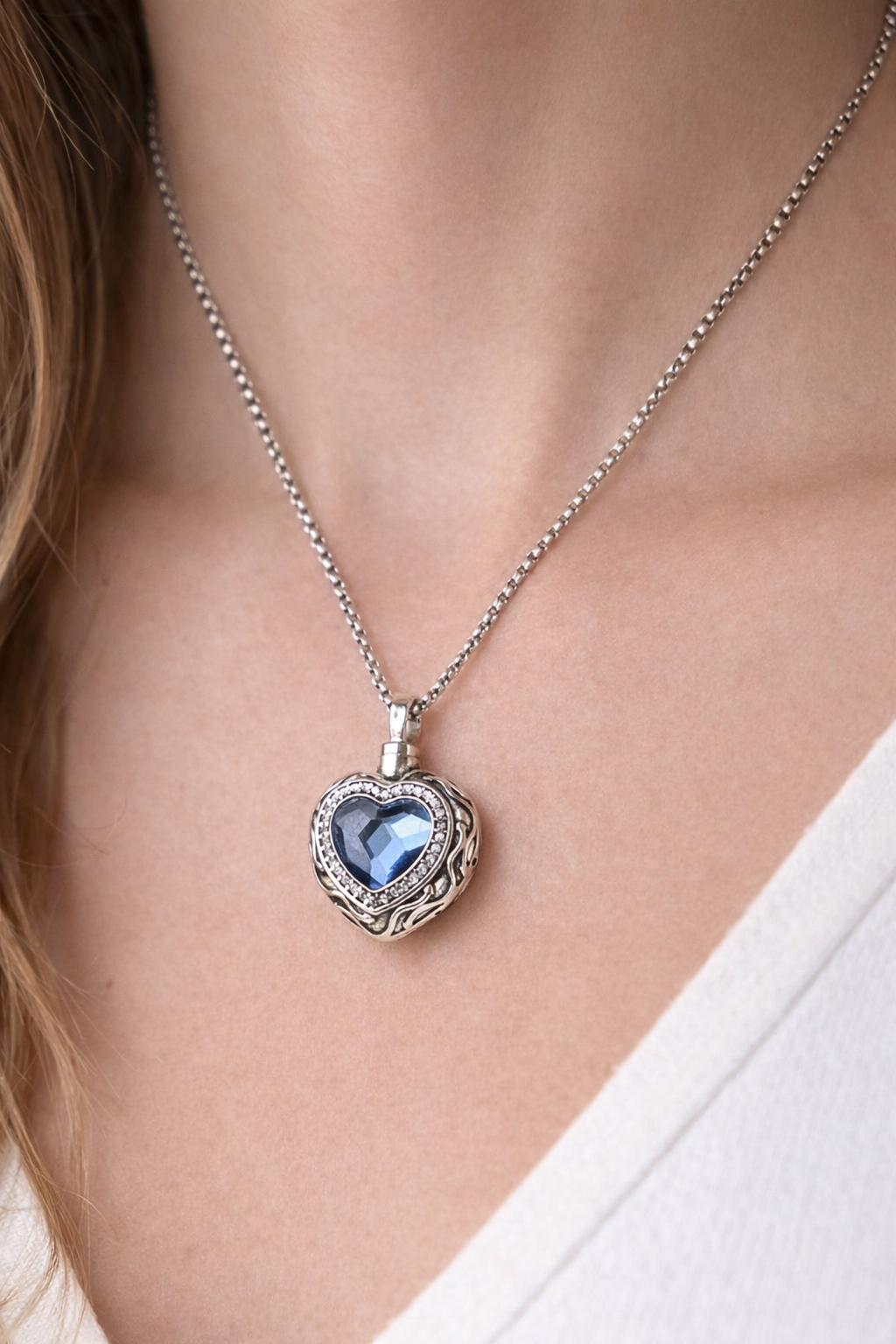 Eterna - Blue Heart Crystal Urn Pendant Necklace in Sterling Silver, Cremation Jewelry for Ashes