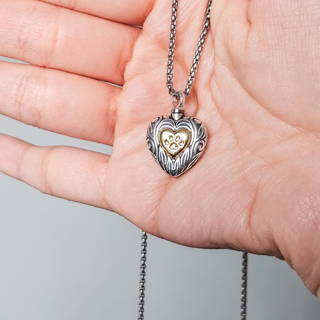 Engraved Silver Heart Paw Print Pet Memorial Urn Necklace – Keepsake for Cremation Ashes