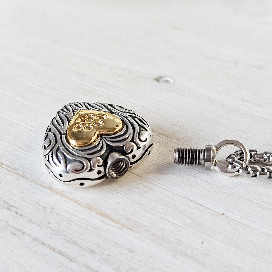 Engraved Silver Heart Paw Print Pet Memorial Urn Necklace – Keepsake for Cremation Ashes