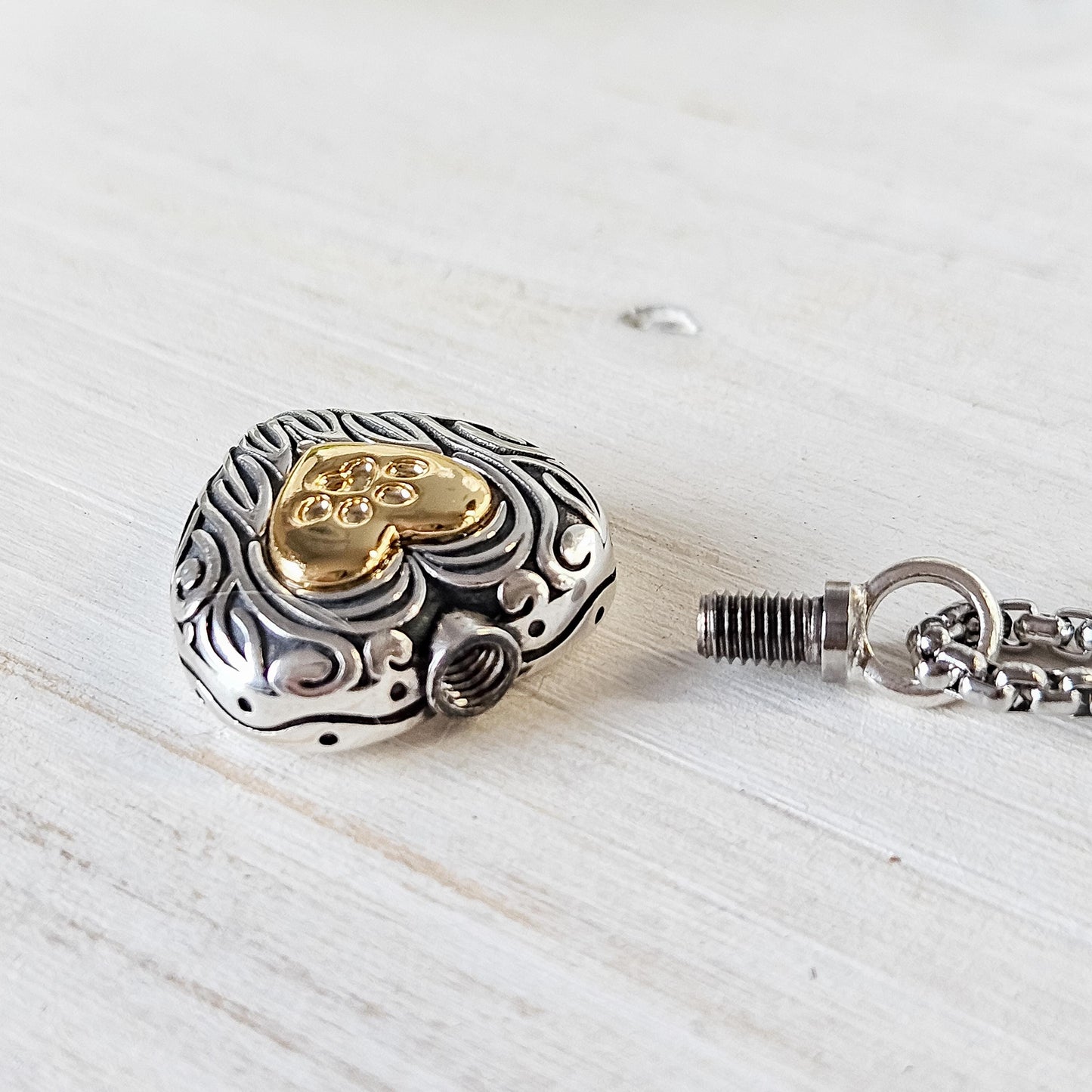Engraved Silver Heart Paw Print Pet Memorial Urn Necklace – Keepsake for Cremation Ashes