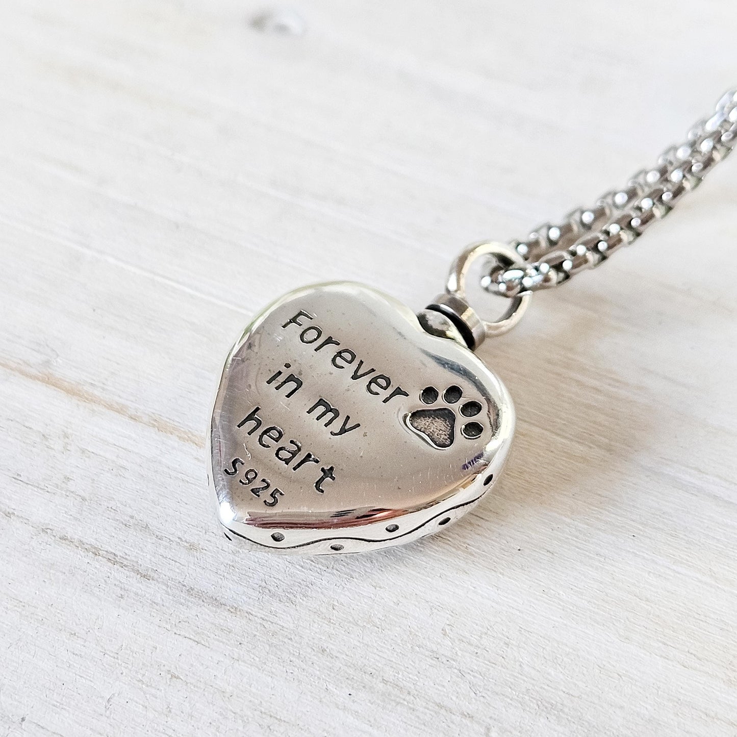 Engraved Silver Heart Paw Print Pet Memorial Urn Necklace – Keepsake for Cremation Ashes