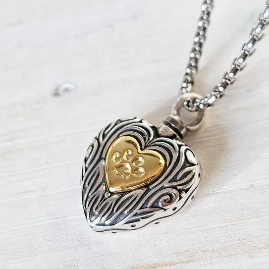 Engraved Silver Heart Paw Print Pet Memorial Urn Necklace – Keepsake for Cremation Ashes
