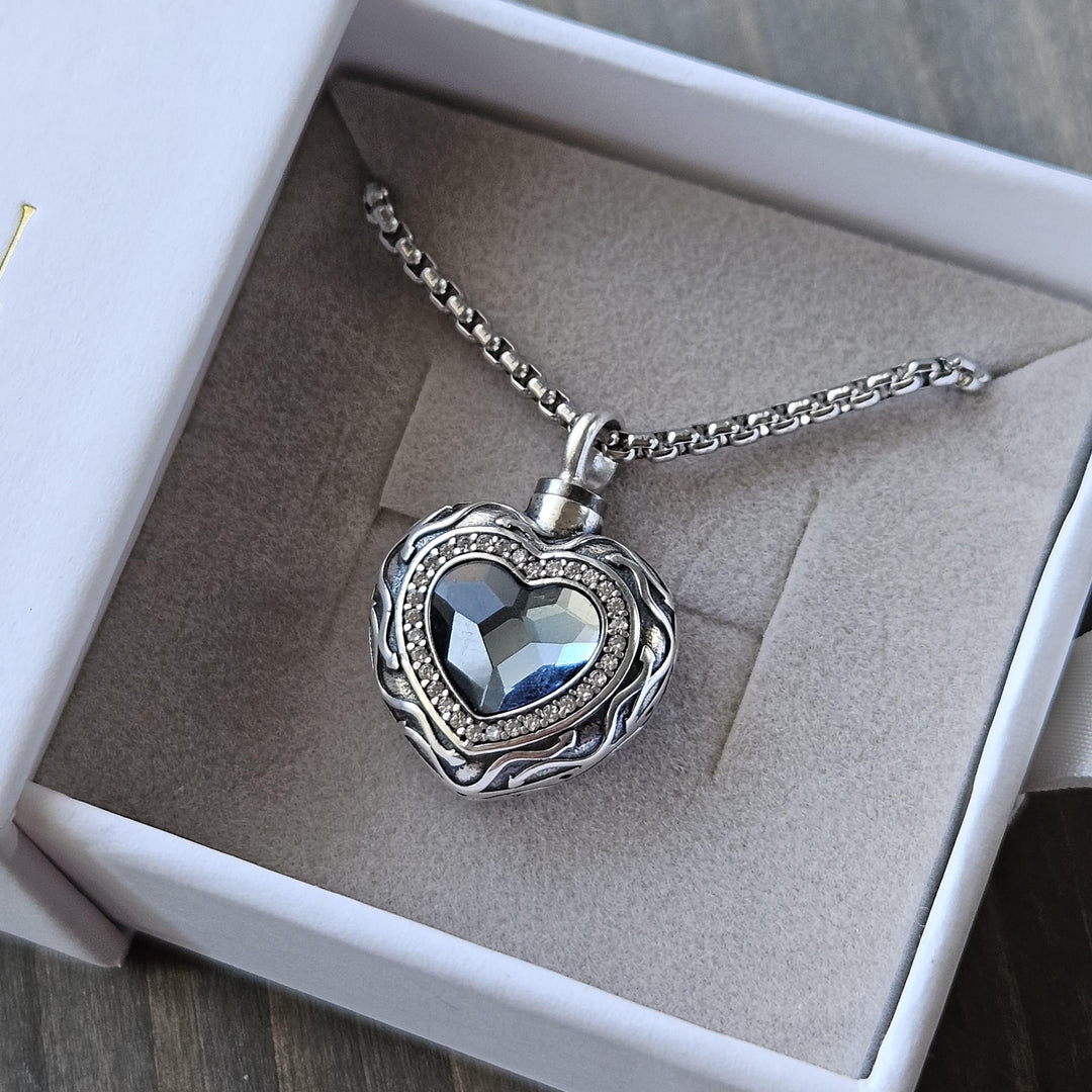 Blue Heart Crystal Urn Pendant Necklace in Sterling Silver, Cremation Jewelry for Ashes, Memorial Gift for Human, Pet, Comforting Gift