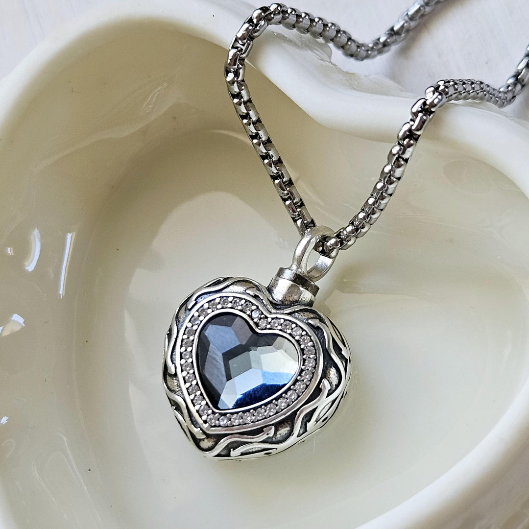 Blue Heart Crystal Urn Pendant Necklace in Sterling Silver, Cremation Jewelry for Ashes, Memorial Gift for Human, Pet, Comforting Gift