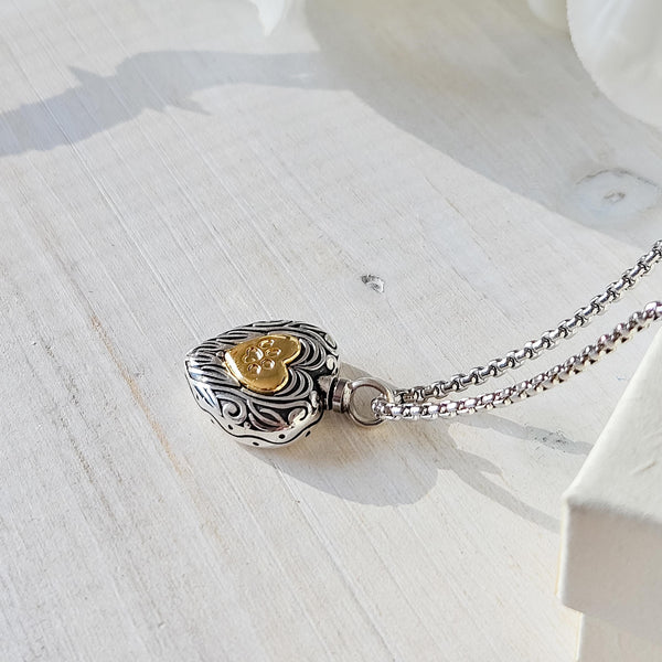 Engraved Silver Heart Paw Print Pet Memorial Urn Necklace – Keepsake for Cremation Ashes
