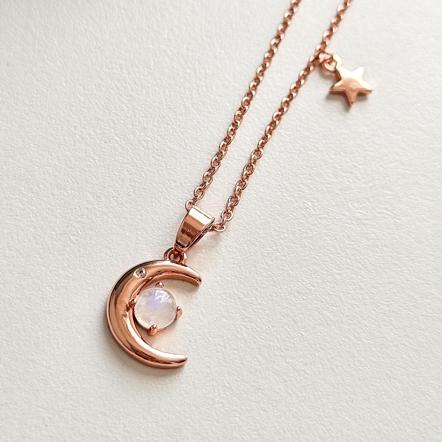 Rose Gold Crescent Moon Necklace with Moonstone, Celestial Charm