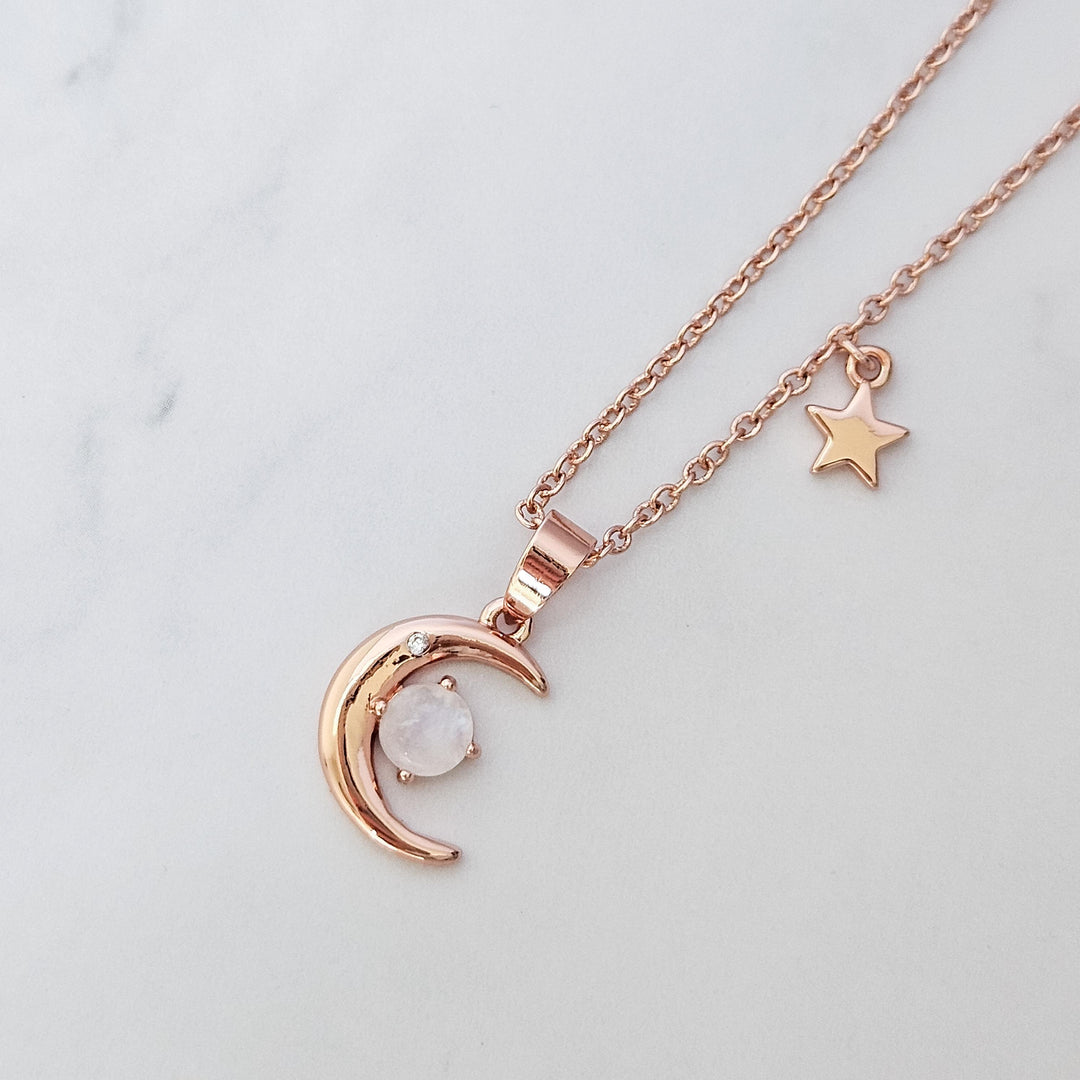 Rose Gold Crescent Moon Necklace with Moonstone, Gift for Her, Celestial Jewelry