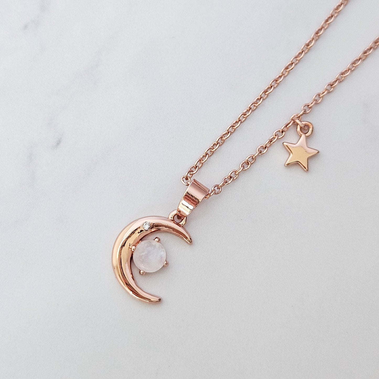 Rose Gold Crescent Moon Necklace with Moonstone, Celestial Charm