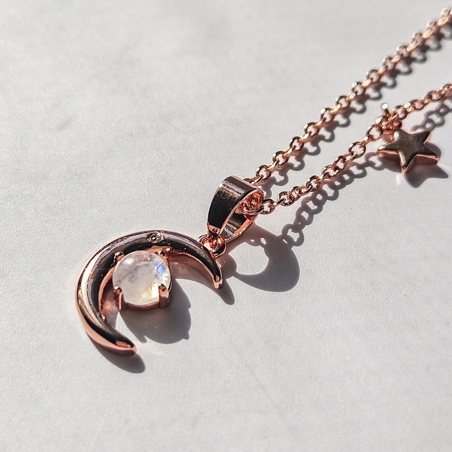 Rose Gold Crescent Moon Necklace with Moonstone, Celestial Charm
