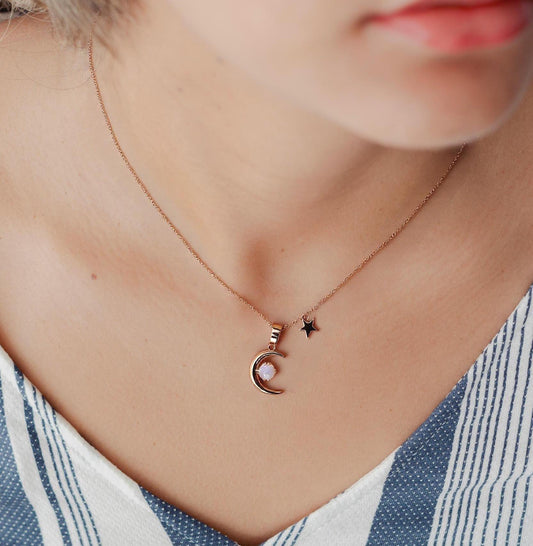 Rose Gold Crescent Moon Necklace with Moonstone, Celestial Charm