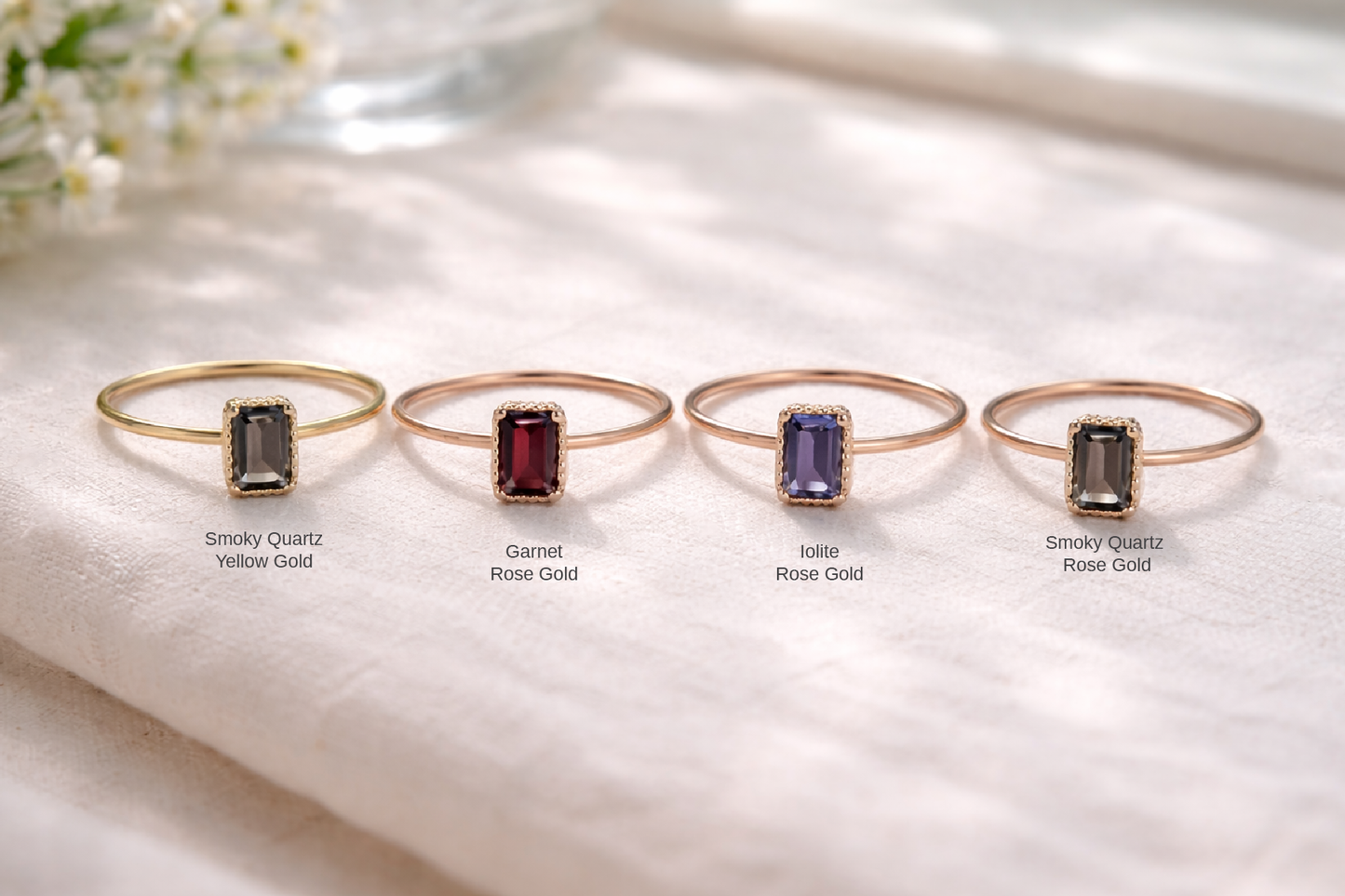 Solid 14k Baguette Gemstone Ring, Minimalist Gold Birthstone Ring