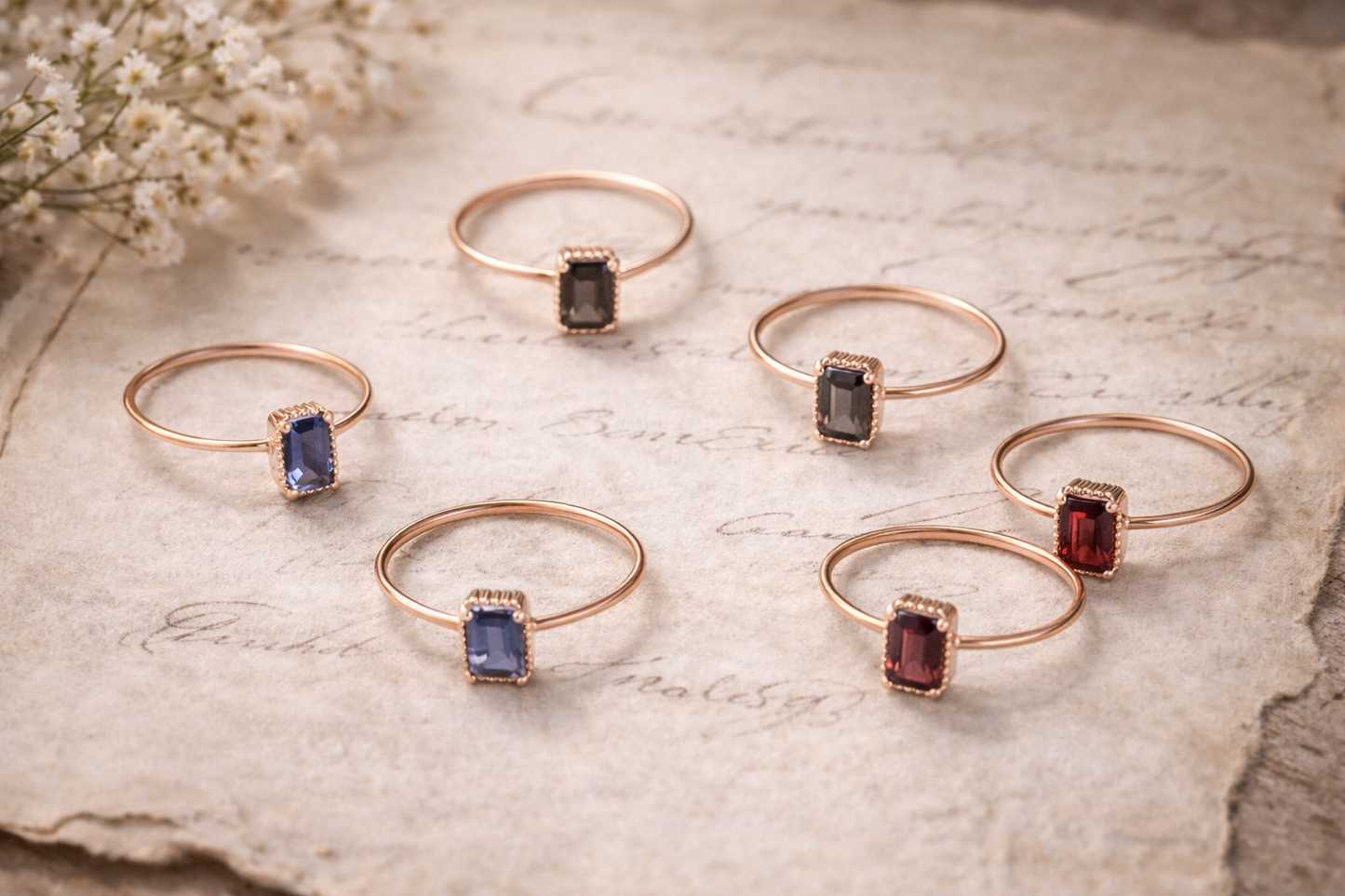 Solid 14k Baguette Gemstone Ring, Minimalist Gold Birthstone Ring