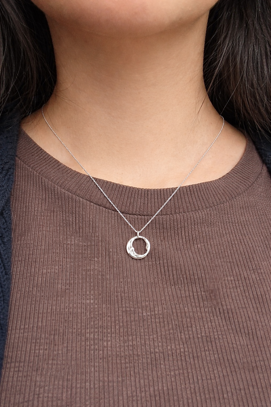 Molten Circle Crescent Silver Necklace
