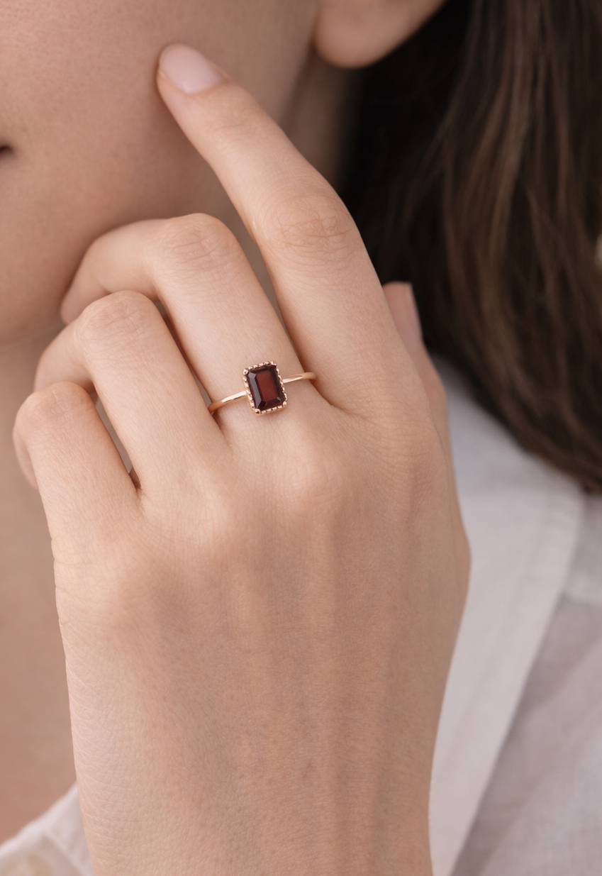 Solid 14k Baguette Gemstone Ring, Minimalist Gold Birthstone Ring